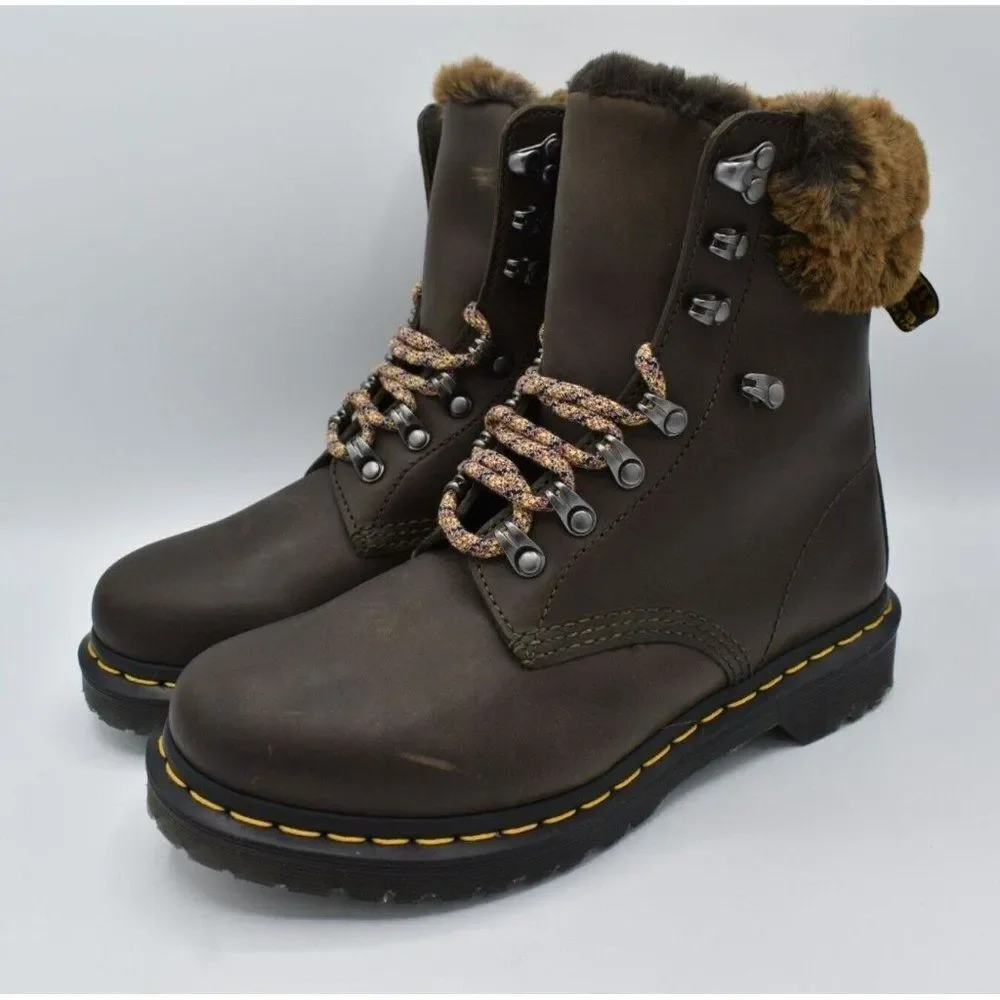 Dr Martens 1460‎ Womens Size 8 Serena Collar Lined Brown Leather Winter Boots